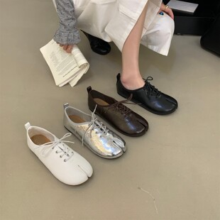 欧美风猪蹄分趾鞋真皮浅口单鞋女系带舒适平底鞋子低帮豆豆猪蹄鞋