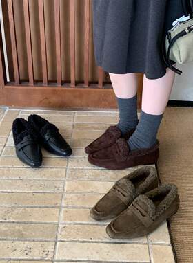 磨砂真皮方头兔毛乐福鞋女