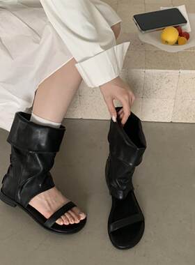 韩版中筒靴女夏季圆头低跟