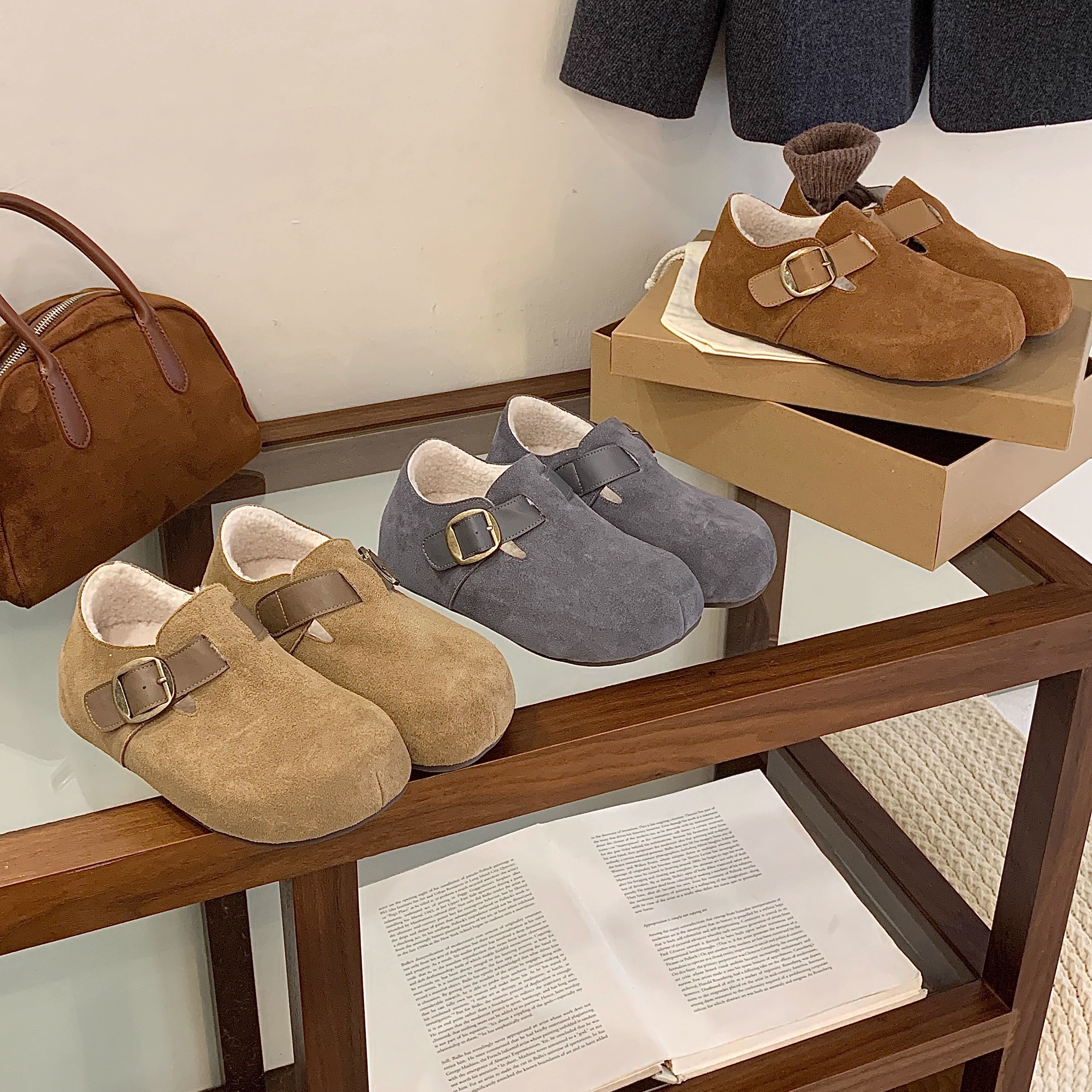 磨砂真皮勃肯鞋加绒保暖棉鞋女