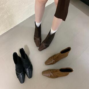 韩版方头弹力靴拼接真皮短靴女冬季内增高瘦瘦靴气质后拉链及踝靴