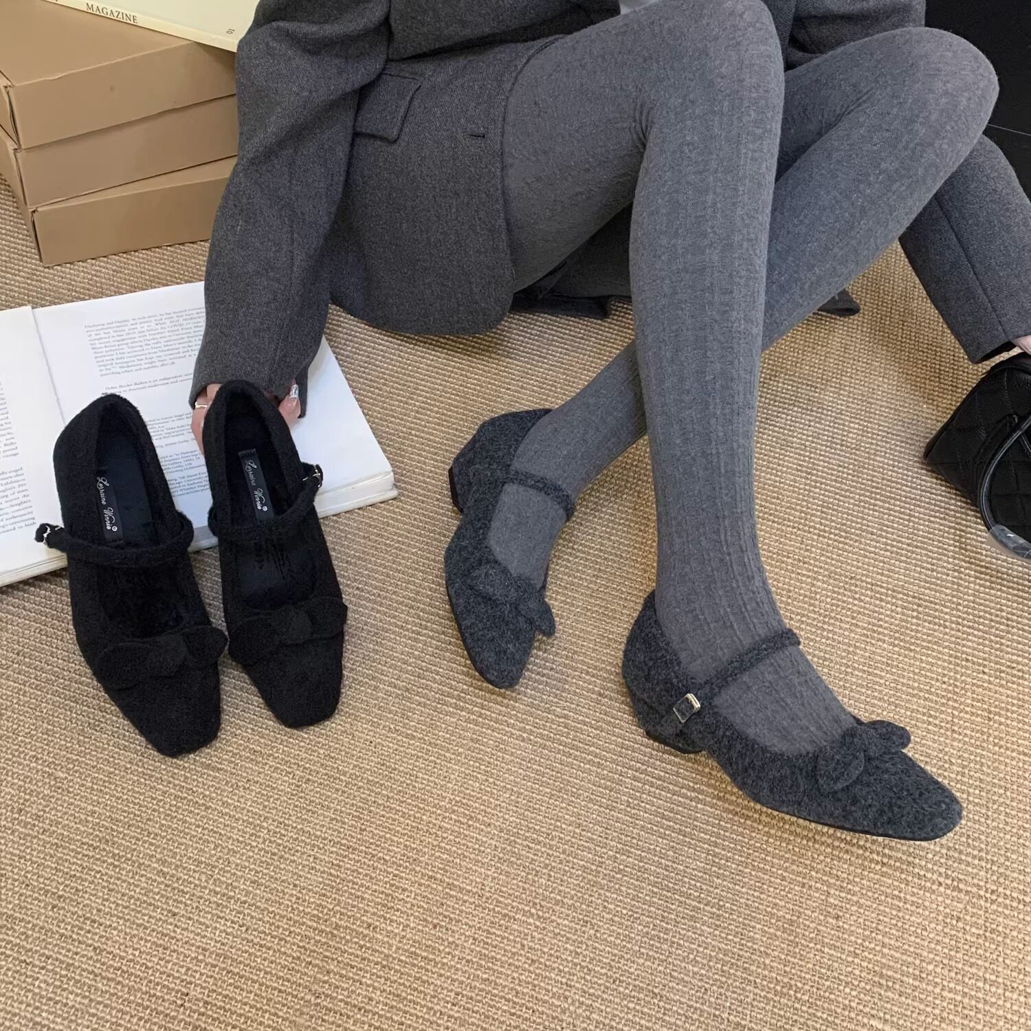 法式甜美蝴蝶结玛丽珍坡跟方头鞋