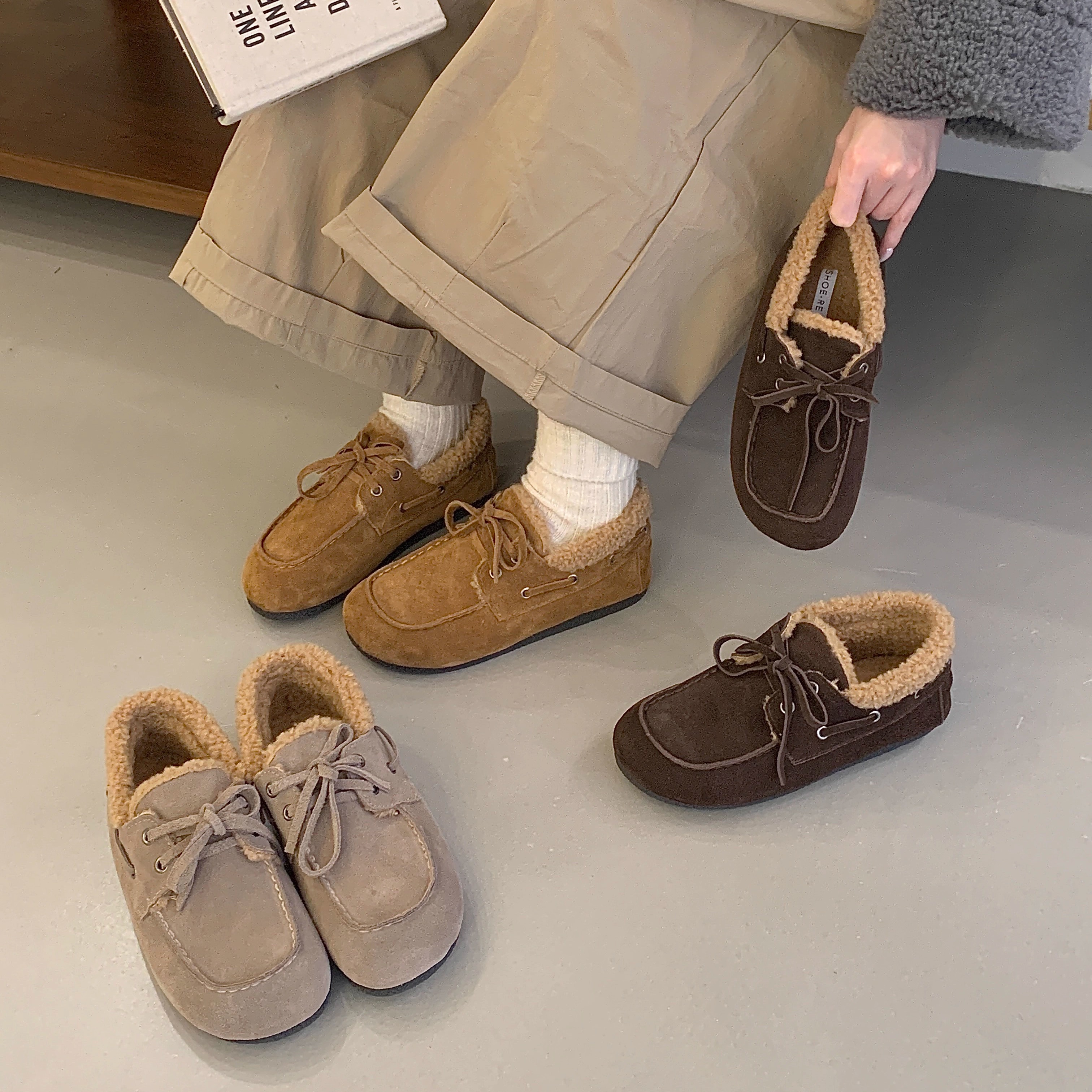 磨砂真皮系带勃肯鞋秋冬加绒棉鞋