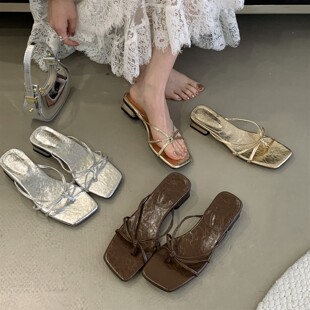 凉鞋 方头一字拖鞋 子 时尚 气质简约穆勒鞋 女夏季 外穿粗跟夹趾凉拖鞋
