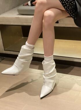 欧美风真皮尖头堆靴女冬季