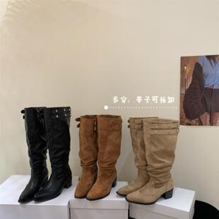 欧美风磨砂真皮尖头长靴女铆钉扣冬季粗高跟鞋高筒靴显脚长裤管靴