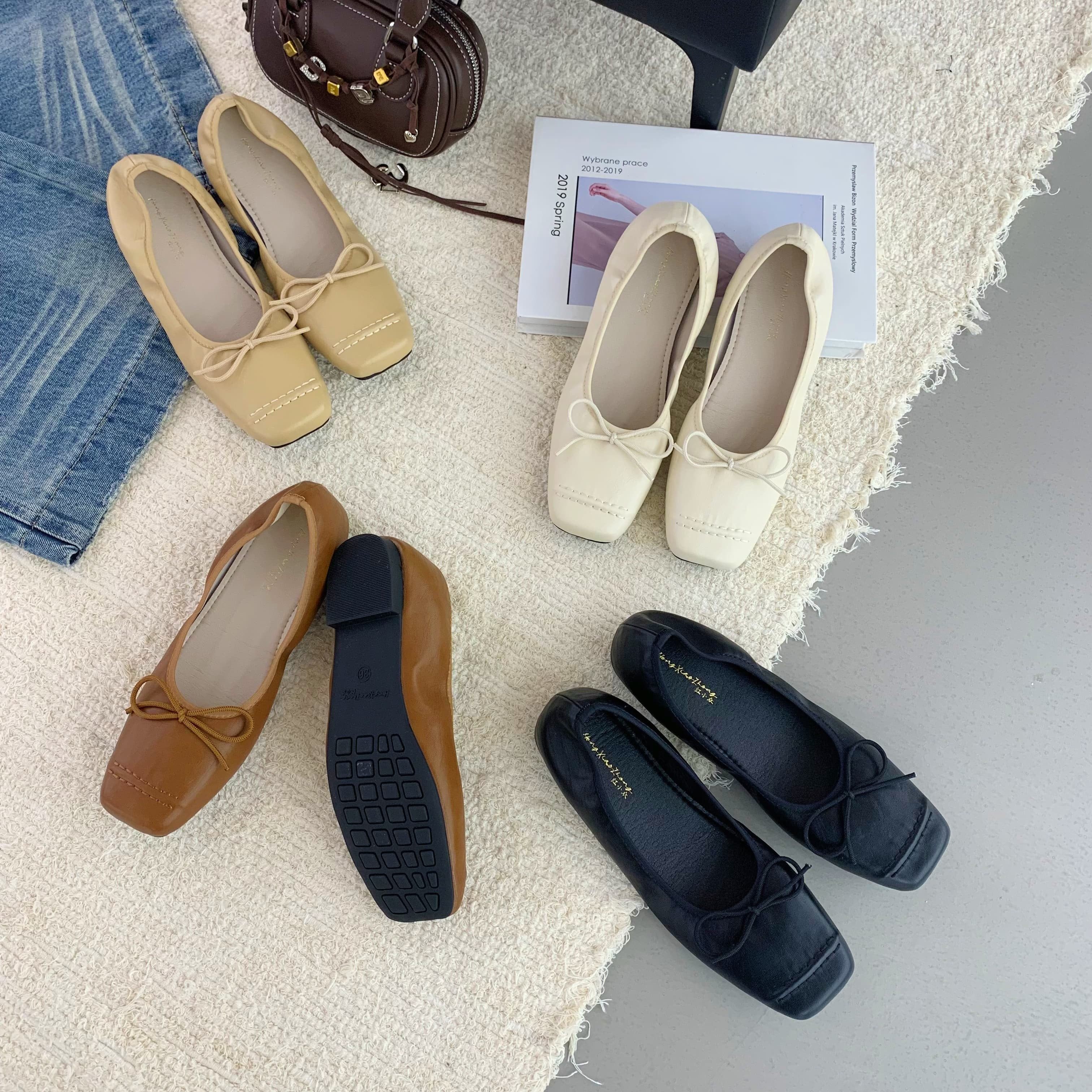 温柔风方头芭蕾舞鞋女平底蝴蝶结一脚蹬浅口奶奶鞋软底单鞋真皮鞋,女鞋,浅口单鞋,淘宝优惠券,粉丝福利购,淘宝优惠卷