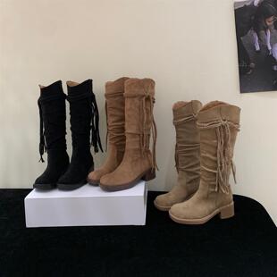 欧美风流苏高筒靴女冬季圆头粗跟废土风显瘦骑士靴马丁靴磨砂真皮