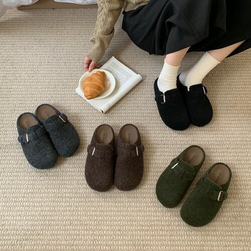 毛呢包头拖鞋女皮扣带防滑