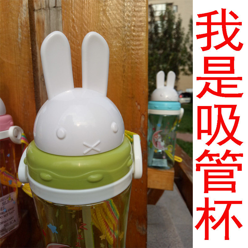 欢诺小白兔背带儿童吸管杯宝宝学饮卡通可爱防漏防摔便携水杯包邮