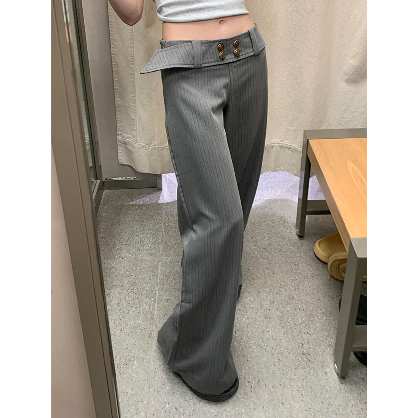 Bonheur韩系复古西裤女设计感条纹西装休闲裤低腰显瘦宽松微喇裤