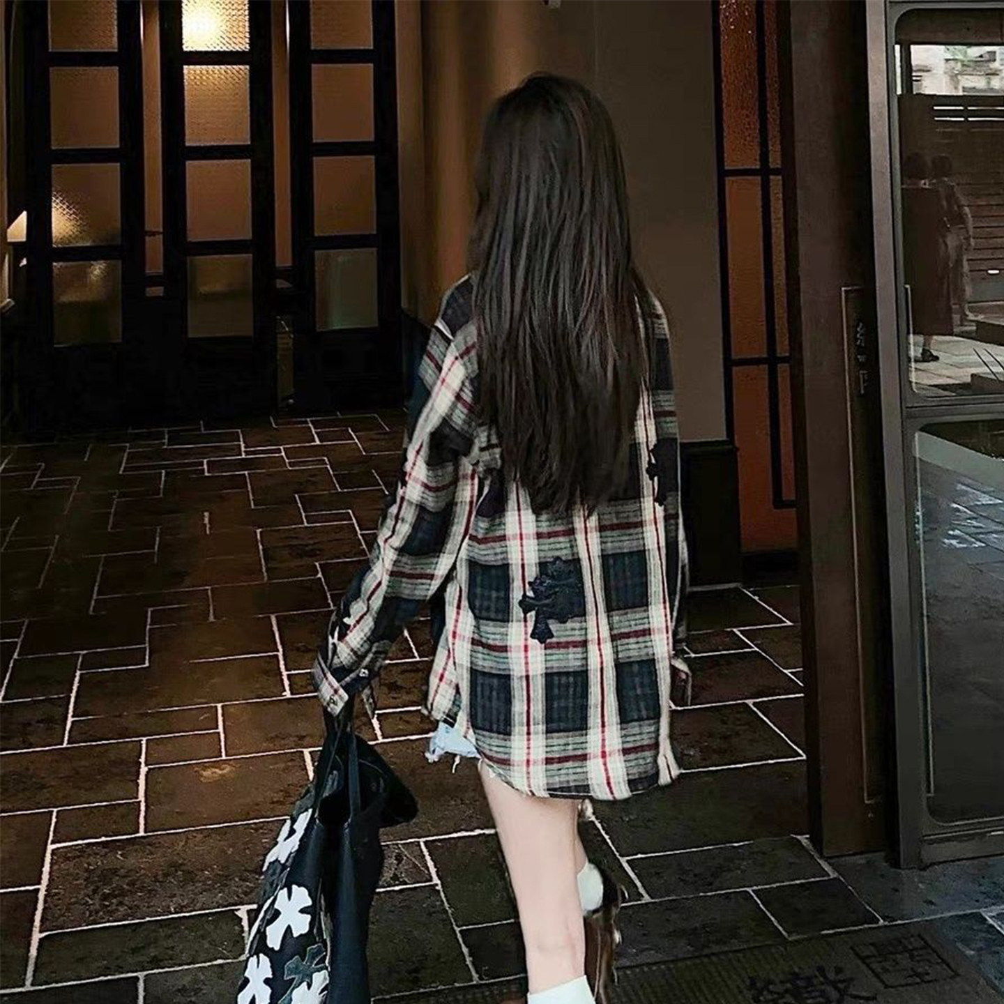 Bonheur韩系复古格子衬衫女新款vintage小众重工贴布绣衬衣外套