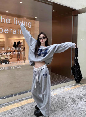 Bonheur美式复古卫衣运动套装女2026新款休闲阔腿裤灰色两件套