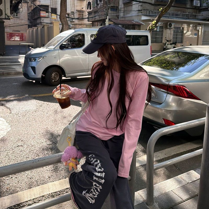Bonheur韩系复古套装两件套显瘦打底衫长袖T恤字母印花宽松休闲裤
