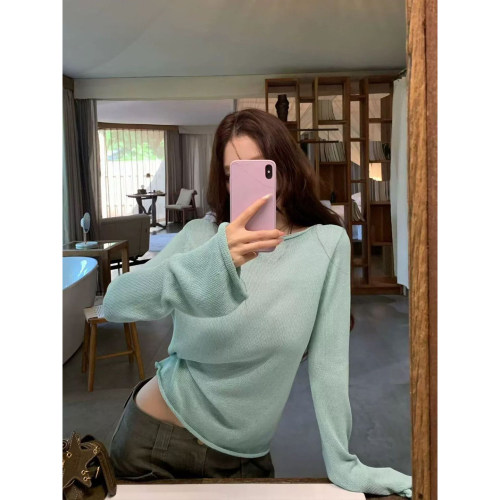 Bonheur韩系复古针织衫女纯欲薄荷绿卷边长袖T恤辣妹显瘦宽松上衣