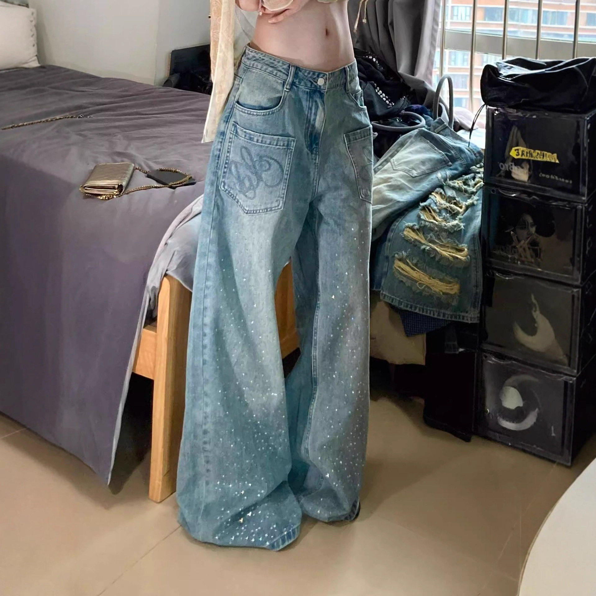 Bonheur美式烫钻牛仔裤女2026春新款复古刺绣设计阔腿宽松显瘦,女装/女士精品,牛仔裤,淘宝优惠券,粉丝福利购,淘宝优惠卷