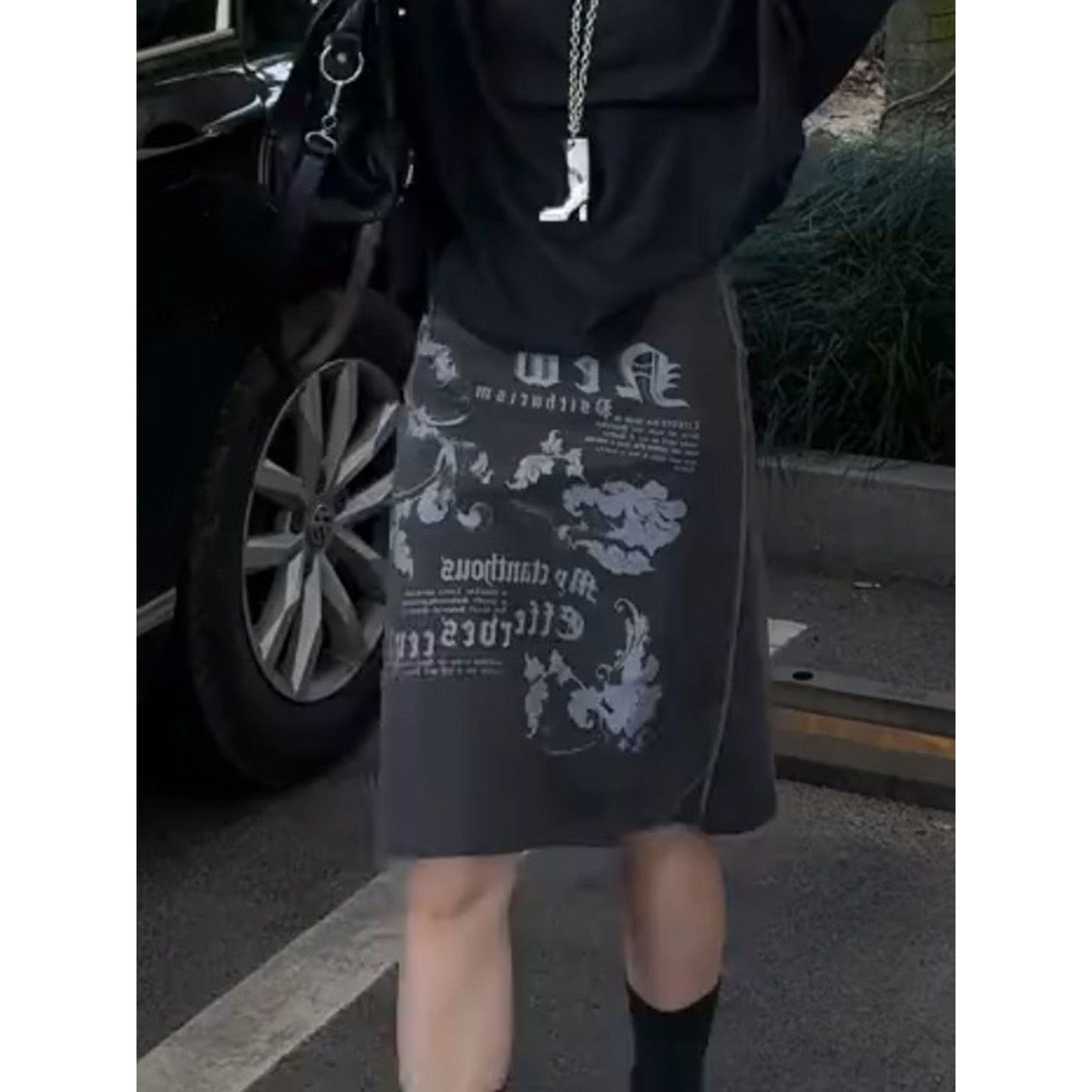 Bonheur韩系复古半身裙女高级感网纱印花设计感显瘦百搭休闲中裙
