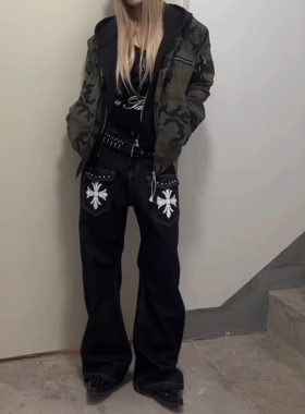 Bonheur美式辣妹十字架印花牛仔裤女2026春黑色潮牌铆钉休闲裤