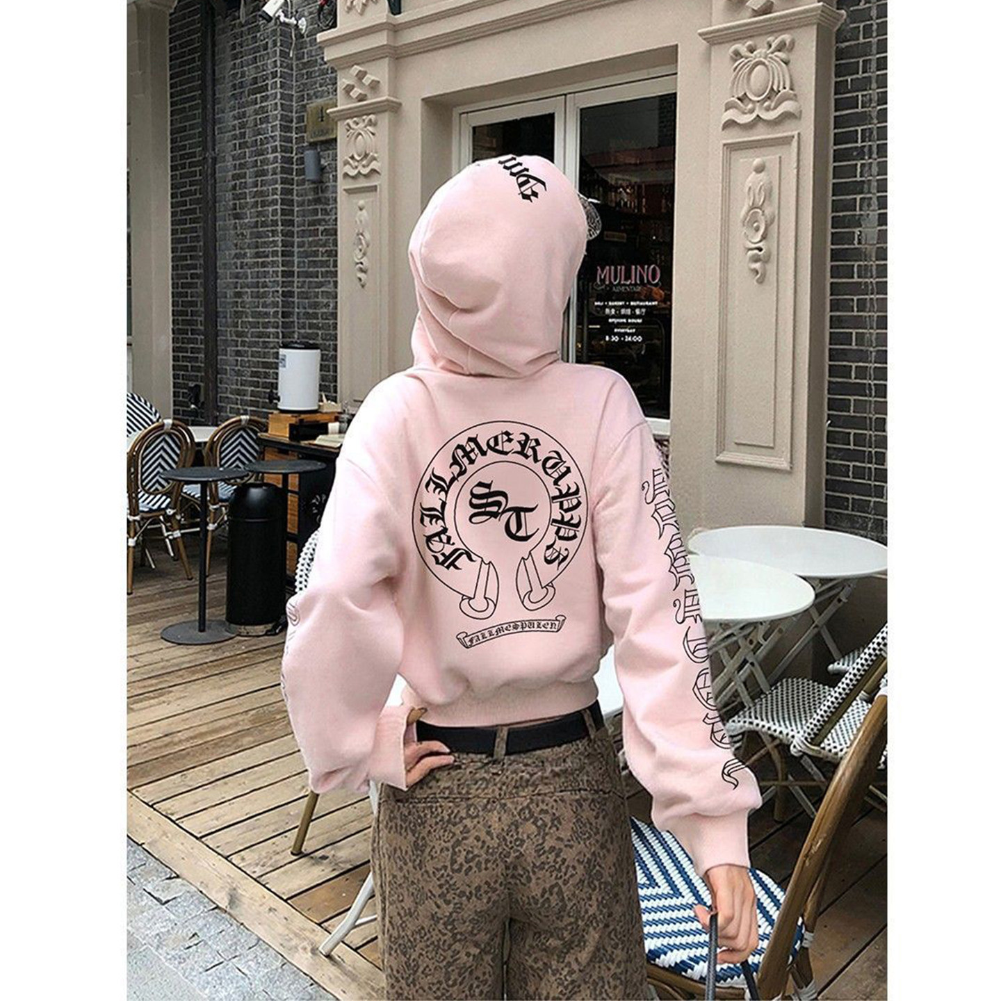 Bonheur韩系复古粉色卫衣女连帽修身短款字母印花拉链开衫外套