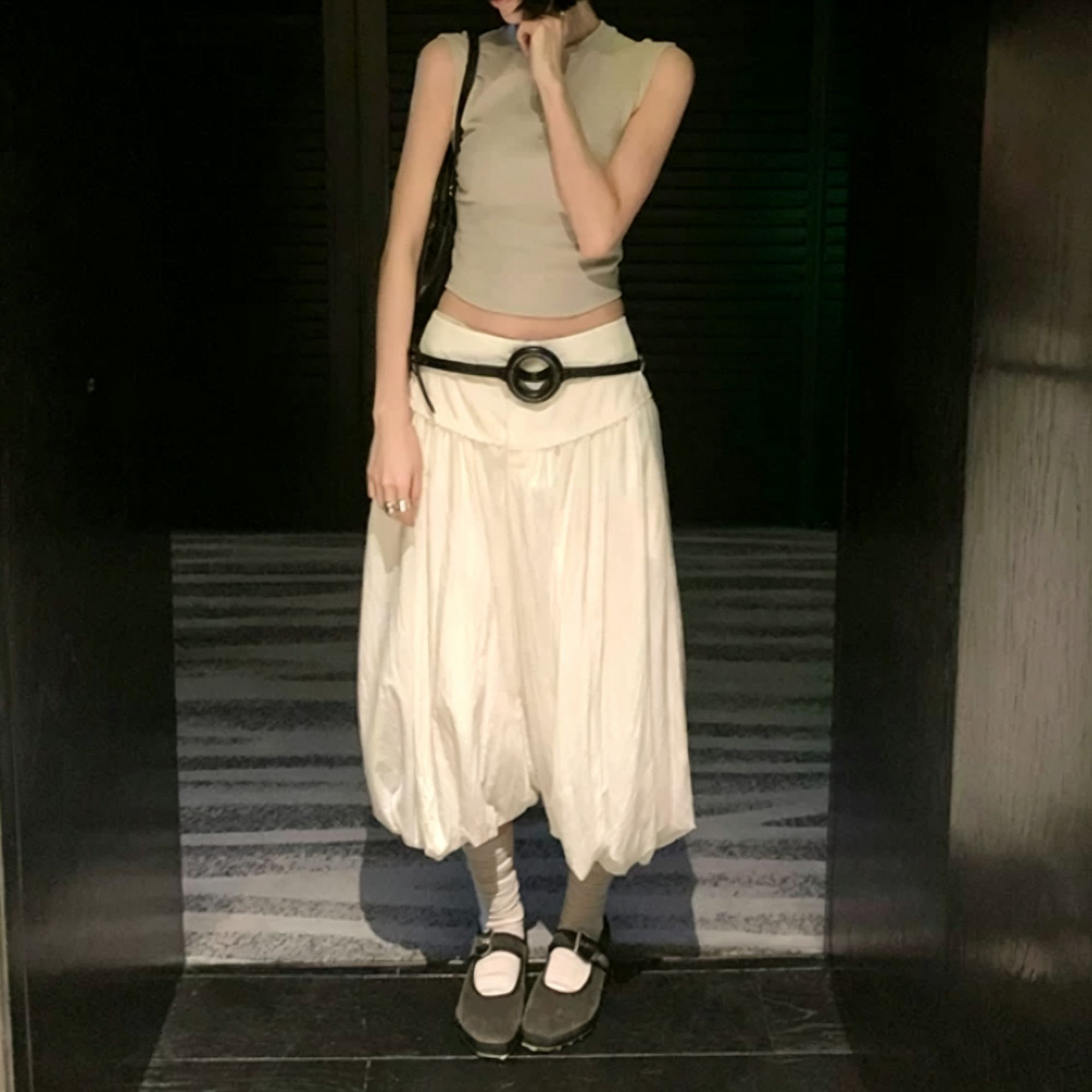 Bonheur韩系宽松白色花苞裤女夏薄款松弛感褶皱显瘦休闲七分裙裤