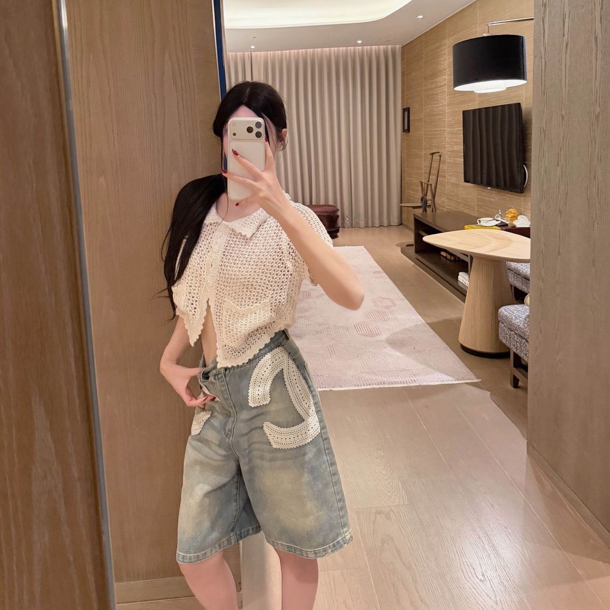 Bonheur 韩系复古牛仔短裤女夏蕾丝钩花刺绣宽松显瘦休闲五分裤
