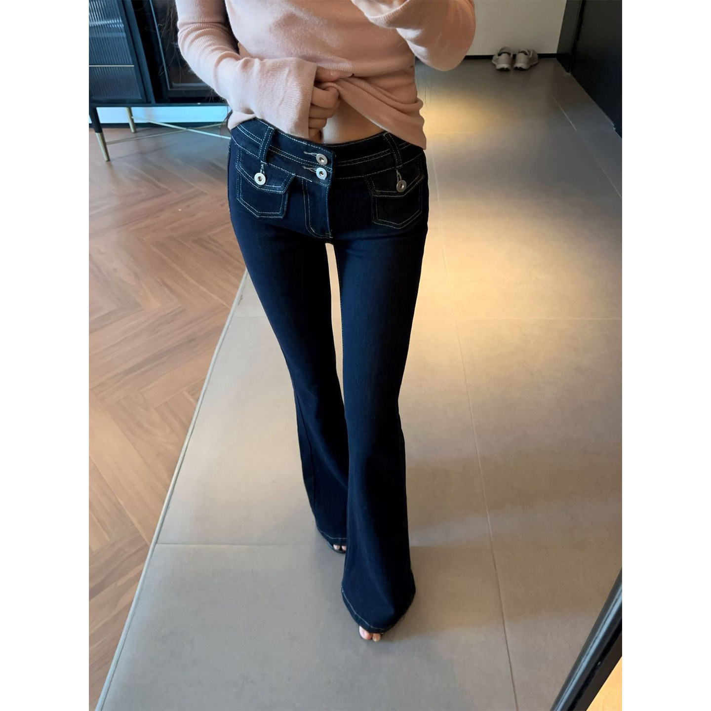 Bonheur韩系复古牛仔裤女黑色低腰微喇辣妹弹力修身显瘦喇叭裤子