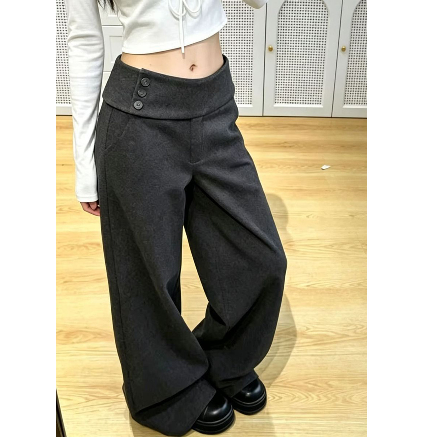 Bonheur韩系复古休闲裤女显瘦灰色毛呢阔腿裤简约休闲裤慵懒长裤