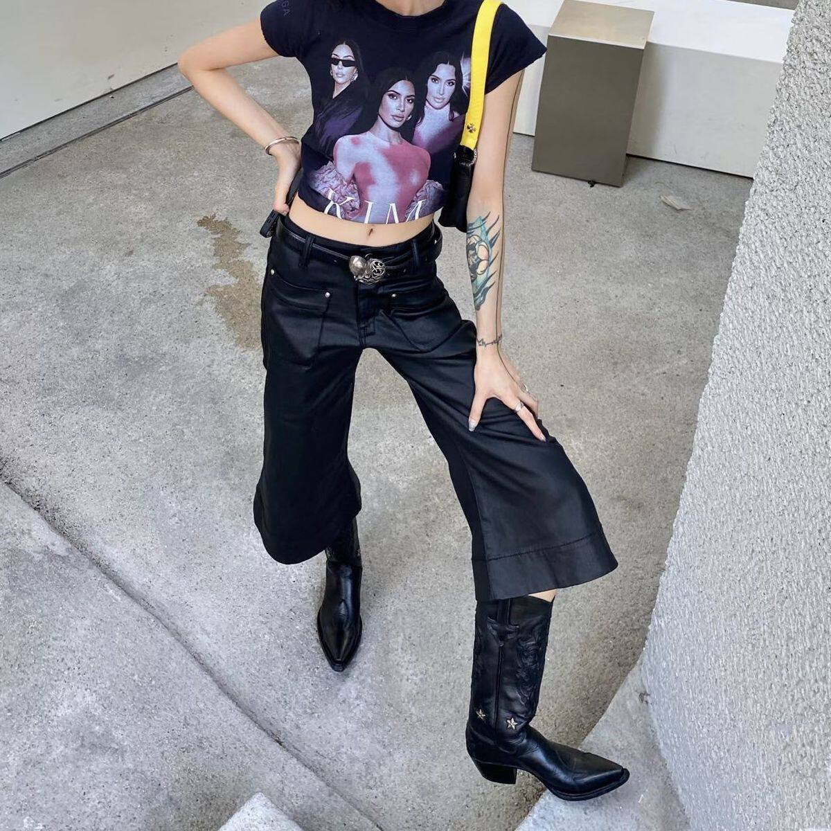 Bonheur韩系复古黑色皮裤女摩登PU皮个性时髦阔腿裤休闲七分裤
