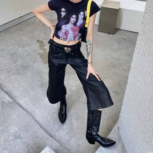 Bonheur韩系复古黑色皮裤女摩登PU皮个性时髦阔腿裤休闲七分裤
