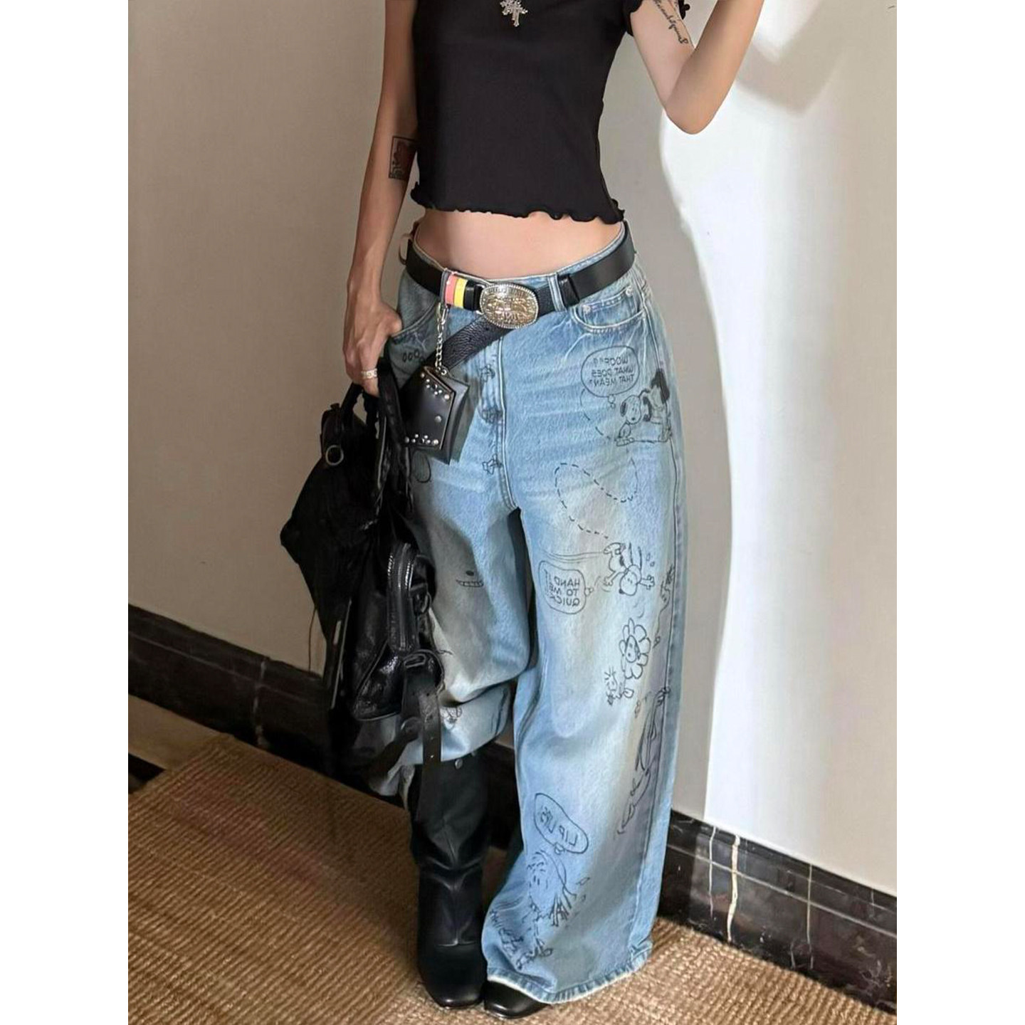 Bonheur 美式复古牛仔裤女水洗涂鸦彩绘街头宽松显瘦阔腿坠感长裤