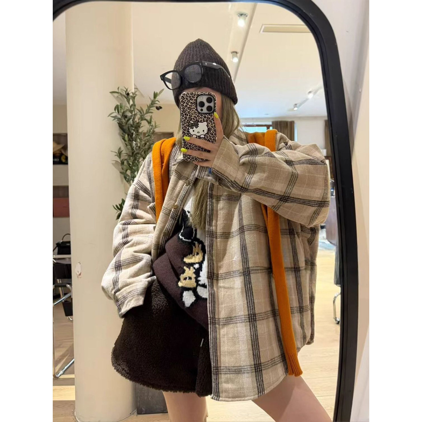 Bonheur 韩系复古格子衬衫外套女宽松夹棉休闲中长款加棉棉服外套