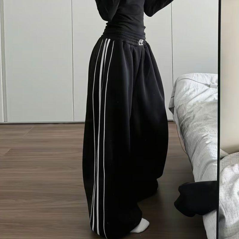 Bonheur韩系复古运动裤女松弛感阔腿杠条织带拼接阔腿休闲裤卫裤