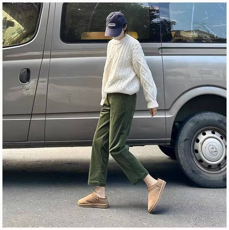 Bonheur韩系复古休闲裤女灯芯绒小直筒裤宽松通勤显瘦百搭九分裤
