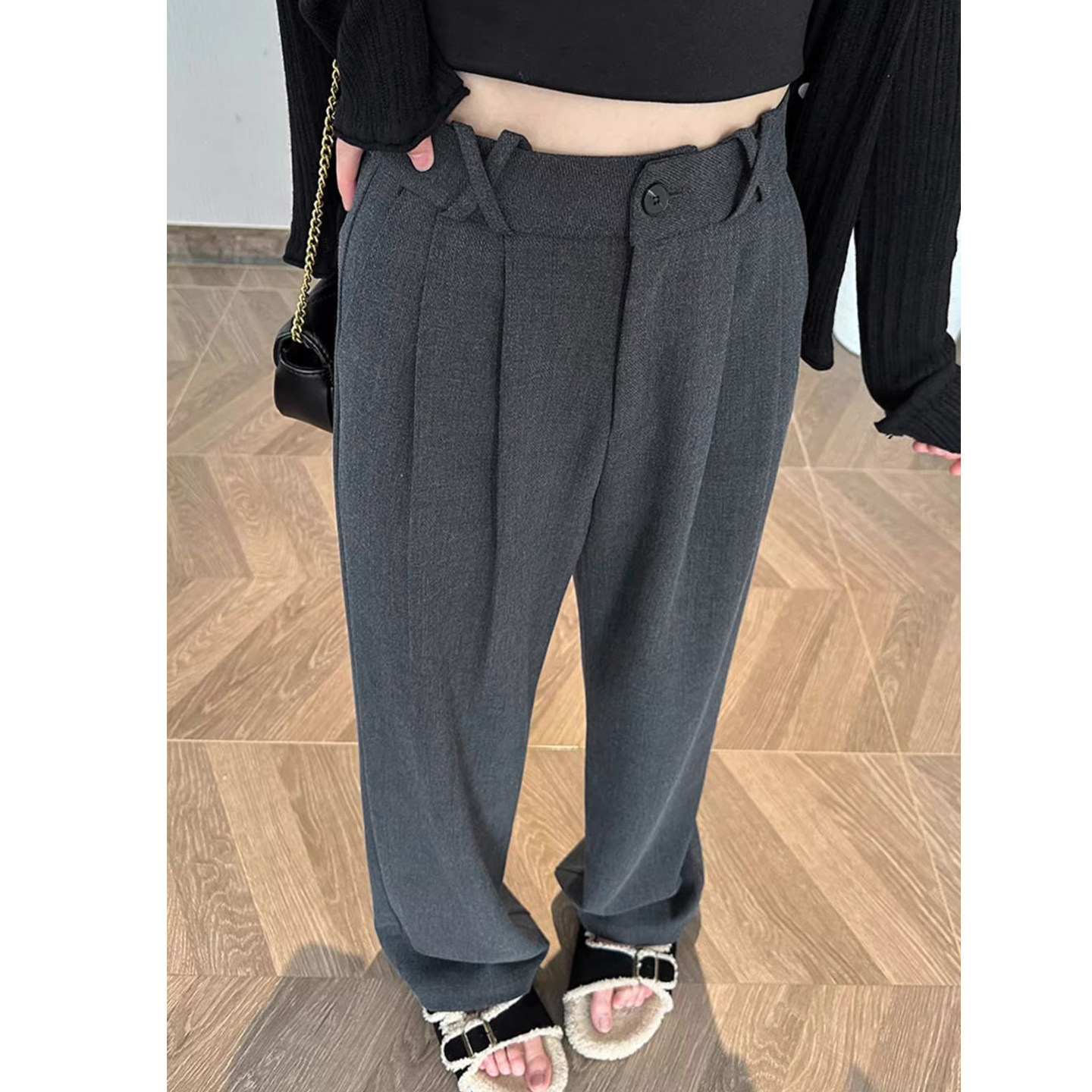 Bonheur韩式复古休闲裤女灰色西装裤加厚直筒休闲宽松设计阔腿裤