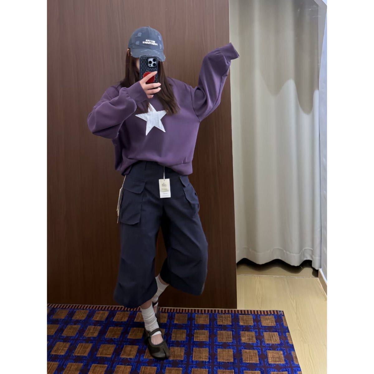 Bonheur韩系复古卫衣女紫色五角星贴布绣圆领套头宽松长袖上衣