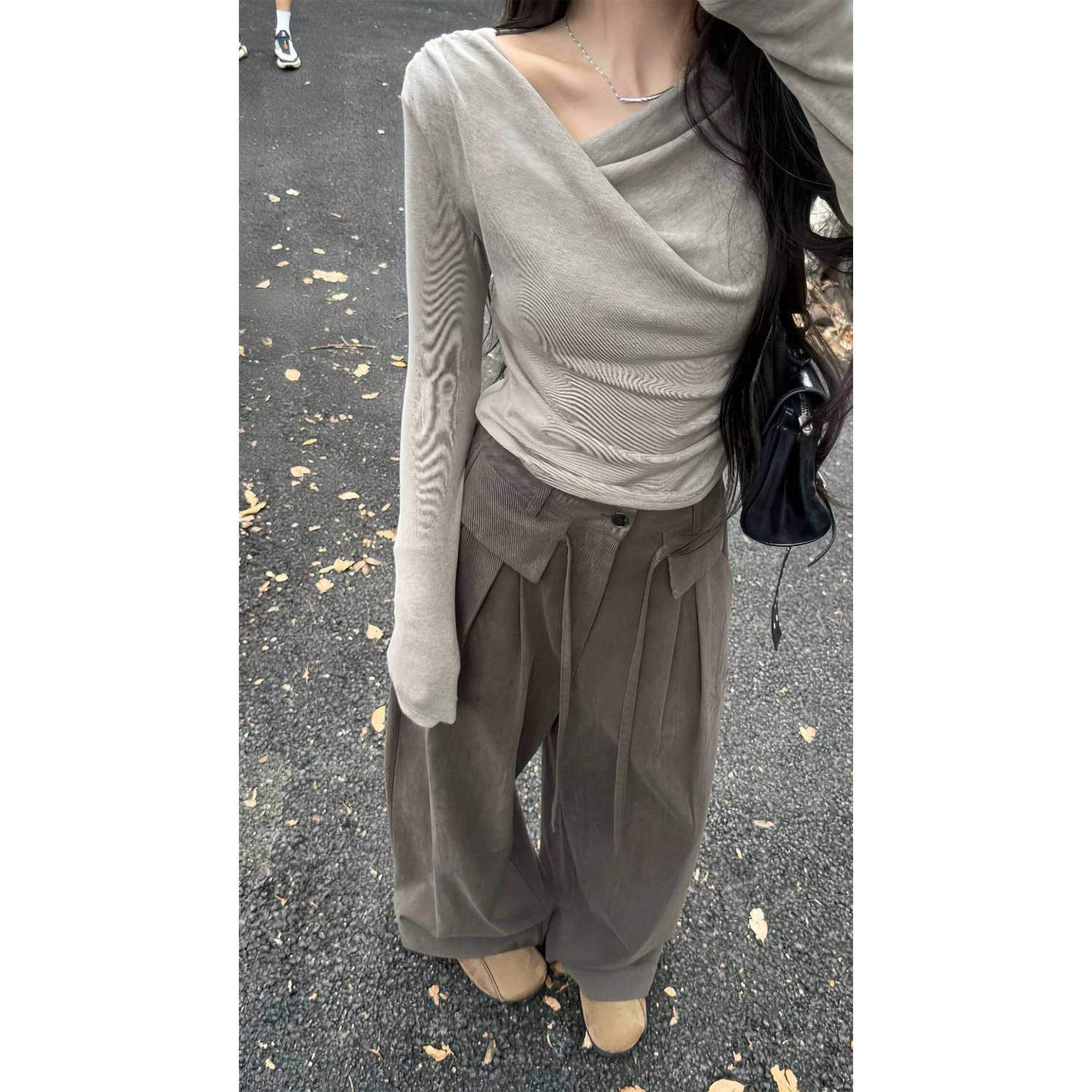 Bonheur韩式复古休闲裤女巨好看小众高腰设计感不规则拖地阔腿裤