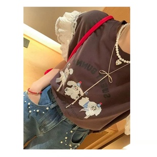 韓系ins減齡蕾絲拼接袖 女 圓領(lǐng)T恤夏季 云朵小狗甜酷卡通寬松短袖