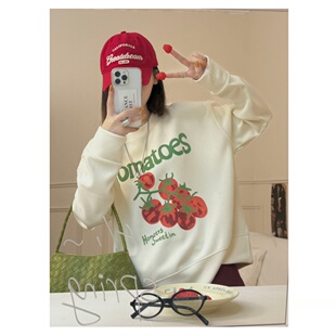 韩系松弛感撞色印花番茄圆领长袖 果园来信 卫衣 大福Dafu