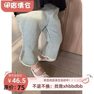 【粉茉自制】90-130 轻薄软糯大弹力女童复古花边牛仔八分裤 茉莉