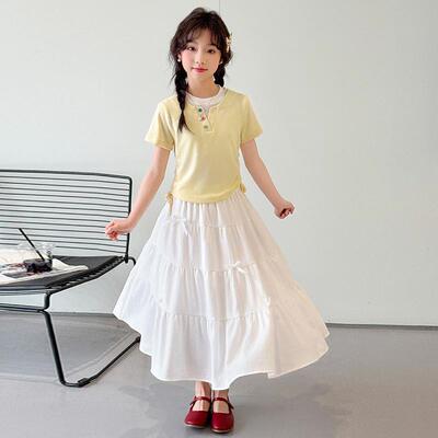 女大童连衣裙套装夏季初中生少女假两件短袖裙子T恤半身裙两件套