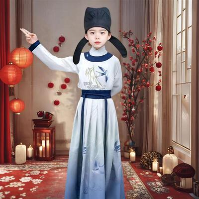 儿童古装汉服男童帅气圆领唐代诗人李白经典国学服古诗词朗诵服装