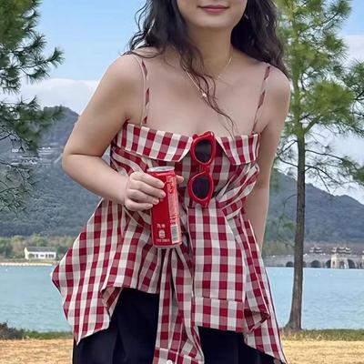 大码纯欲甜辣红格子吊带背心女春夏胖mm遮肉显瘦内搭外穿小衫上衣