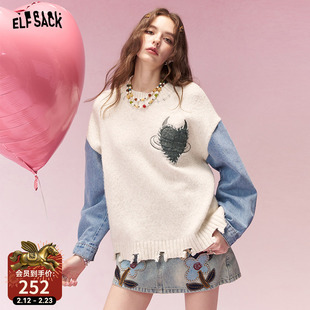 妖精的口袋复古牛仔拼接新年毛衣女2025冬季新款绵羊毛慵懒高级感