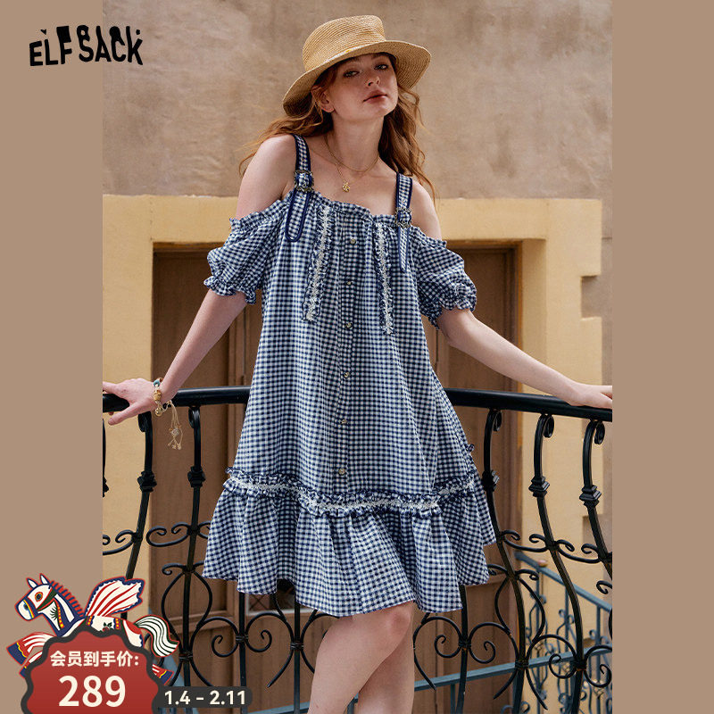 妖精的口袋格纹露肩吊带连衣裙女2025年夏季新款设计感甜美短裙子