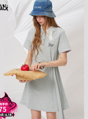 妖精的口袋字母刺绣灰色miu系连衣裙女2026夏季新款收腰减龄T恤裙