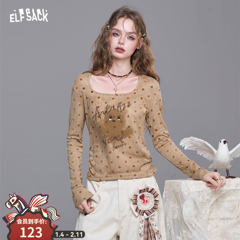 妖精的口袋波点印花u领长袖t恤女2026年早春新款修身显瘦薄款上