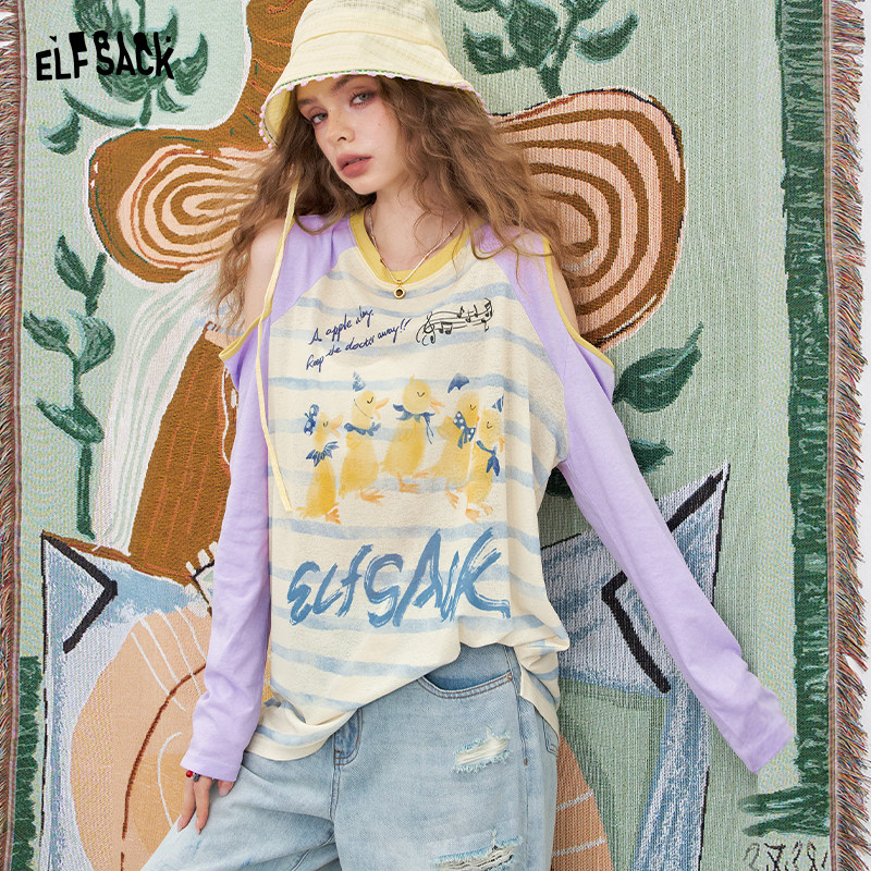 妖精的口袋撞色露肩印花长袖t恤女2025年夏季新款松弛感小众上衣