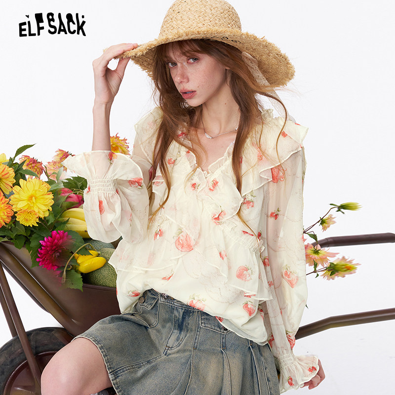 妖精的口袋法式v领荷叶边印花雪纺衫女2026年夏新款甜美气质小衫