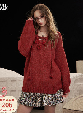 妖精的口袋红色立体玫瑰v领毛衣女26春秋新款慵懒高级感气质上衣