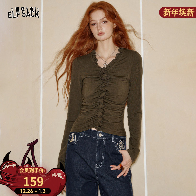 妖精的口袋复古V领抽褶长袖t恤女2025年新款巨修身好看的秋季上